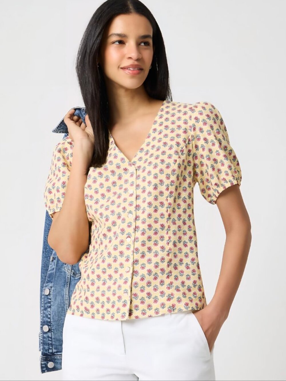 J. Crew Block-print Linen-Blend Button-Up S/S Top Yellow Floral Print size 8